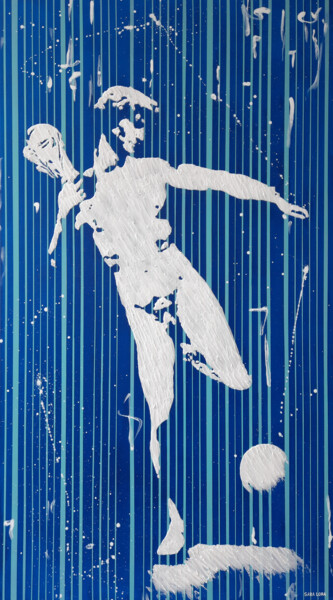 Schilderij getiteld "Messi in Qatar" door Sara Lora, Origineel Kunstwerk, Acryl Gemonteerd op Frame voor houten brancard