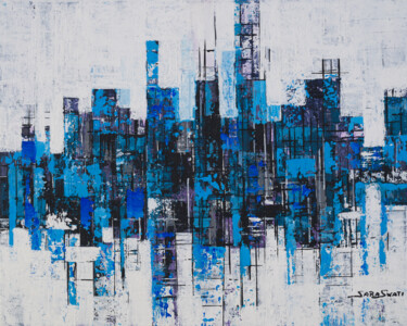 Painting titled "City Blues" by Sara Swati, Original Artwork, Acrylic Mounted on Wood Stretcher frame
