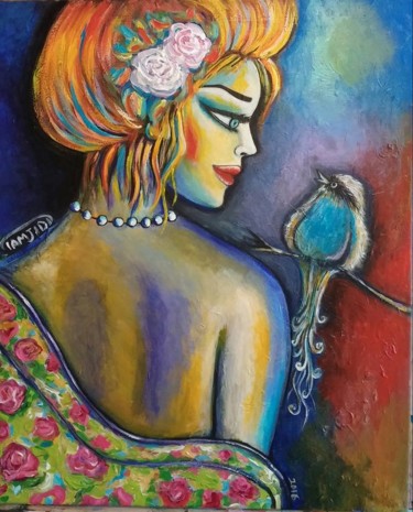 Pintura intitulada "Héléna à l'oiseau b…" por Sara Tamjidi, Obras de arte originais, Acrílico
