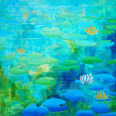 Painting titled "Water Lily VII." by Sarah I. Avni, Original Artwork, Oil Mounted on Wood Stretcher frame