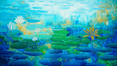 Painting titled "Water Lily IX." by Sarah I. Avni, Original Artwork, Oil Mounted on Wood Stretcher frame