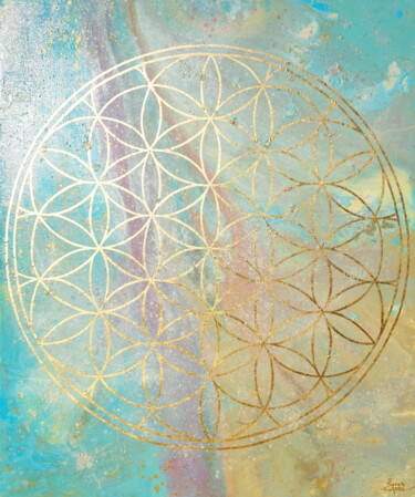Painting titled "Flower of Life X." by Sarah I. Avni, Original Artwork, Acrylic Mounted on Wood Stretcher frame