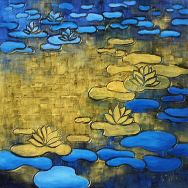 Painting titled "Water Lily X." by Sarah I. Avni, Original Artwork, Oil Mounted on Wood Stretcher frame