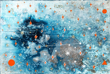 Schilderij getiteld "Blue Leo 1/9" door Sarah I. Avni, Origineel Kunstwerk, Acryl Gemonteerd op Frame voor houten brancard