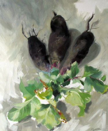 Painting titled "Black Radishes" by Sarah Spence, Original Artwork, Oil