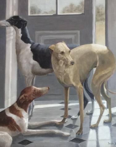 Ζωγραφική με τίτλο "Greyhounds" από Sarah Borg, Αυθεντικά έργα τέχνης, Λάδι Τοποθετήθηκε στο artwork_cat.