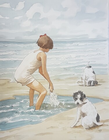 Malerei mit dem Titel "The beach" von Sarah Borg, Original-Kunstwerk, Aquarell