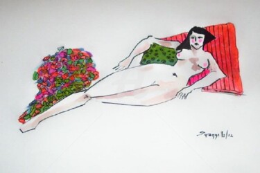 Peinture intitulée "RELAX erotic nude f…" par Sara Raquel Sarangello, Œuvre d'art originale, Encre