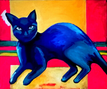Painting titled "The blue cat." by Sara Raquel Sarangello, Original Artwork, Acrylic