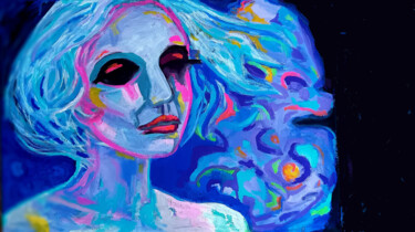 Ζωγραφική με τίτλο "Night blue sky moon" από Sara Raquel Sarangello, Αυθεντικά έργα τέχνης, Λάδι