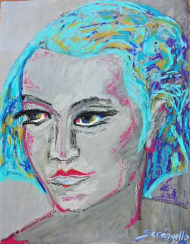 Картина под названием "Portrait woman bleu" - Sara Raquel Sarangello, Подлинное произведение искусства, Масло