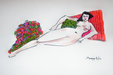 Painting titled "Femme Spring flower…" by Sara Raquel Sarangello, Original Artwork, Oil