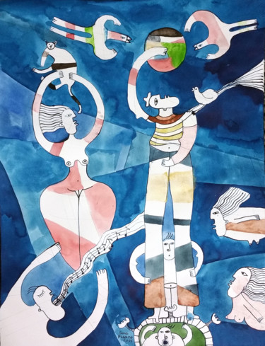 Disegno intitolato "LE MUSICIEN" da Sara Picazo, Opera d'arte originale, Acquarello
