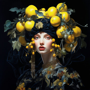 Digitale Kunst getiteld "Girl in lemons 4" door Saras, Origineel Kunstwerk, AI gegenereerde afbeelding