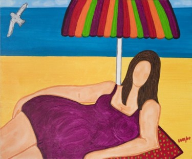 Pintura intitulada "Gorda com guarda-sol" por Sara Vieira, Obras de arte originais, Óleo