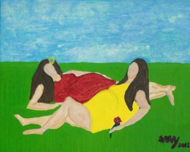 Pintura intitulada "Duas gordas na relva" por Sara Vieira, Obras de arte originais, Óleo