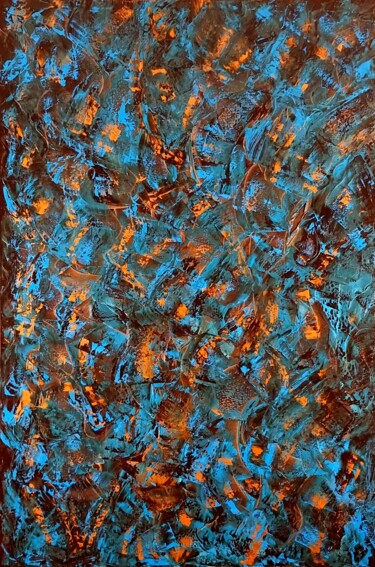 Painting titled "Blue Gold Love" by Fatima Sardinha, Original Artwork, Oil Mounted on Wood Stretcher frame