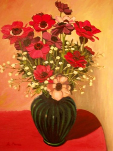 Peinture intitulée "vaso con anemoni" par Angelo Sara, Œuvre d'art originale