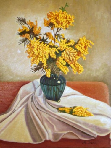 Pittura intitolato "vaso con mimose" da Angelo Sara, Opera d'arte originale