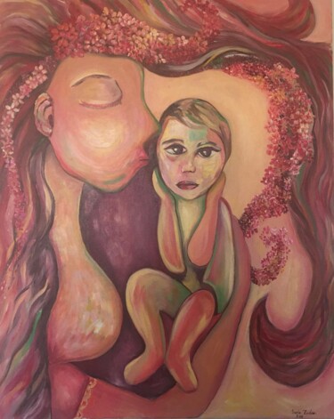 Malerei mit dem Titel "Motherhood kiss" von Saria Ghanem, Original-Kunstwerk, Acryl Auf Keilrahmen aus Holz montiert