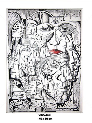 Dessin intitulée "visages-I" par Sarian, Œuvre d'art originale, Encre