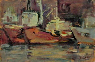 Painting titled "Night in the Port" by Sarmite Caune, Original Artwork