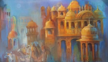 Malerei mit dem Titel "Feisty jharokhas" von Sarnjit Singh, Original-Kunstwerk, Acryl