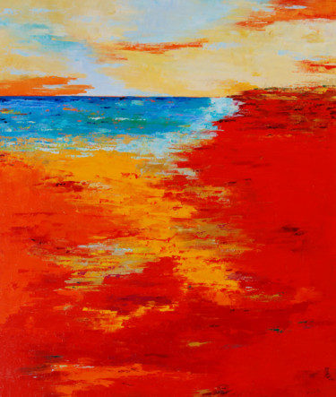 Painting titled "1244-40F Red Beach" by Saroja, Original Artwork, Oil Mounted on Wood Stretcher frame