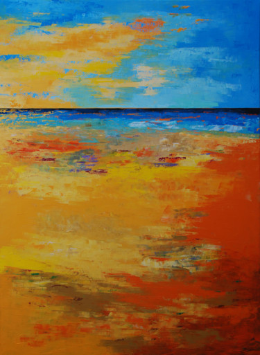 Painting titled "Yellow Beach III (r…" by Saroja, Original Artwork, Oil Mounted on Wood Stretcher frame