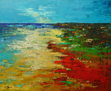 Painting titled "Blue Sky Beach (120…" by Saroja, Original Artwork, Oil Mounted on Wood Stretcher frame