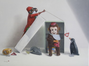 Painting titled "Qui veut jouer avec…" by Reza Sarrafi, Original Artwork, Oil Mounted on Wood Stretcher frame