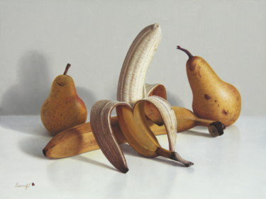 Painting titled "Banane épluchée" by Abdolreza Sarrafi, Original Artwork, Oil Mounted on Wood Stretcher frame