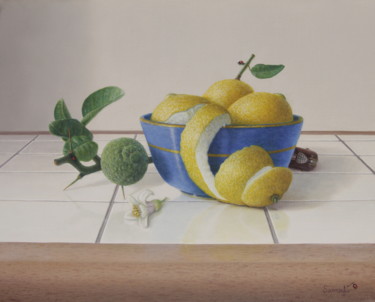Painting titled "Bol de citrons" by Abdolreza Sarrafi, Original Artwork, Oil Mounted on Wood Stretcher frame