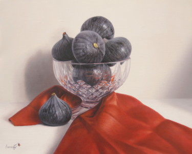 Painting titled "La coupe de figues" by Reza Sarrafi, Original Artwork, Oil Mounted on Wood Stretcher frame