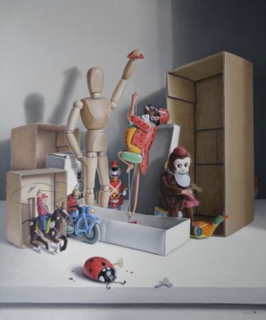 Painting titled "Le cirque des jouet…" by Abdolreza Sarrafi, Original Artwork, Oil Mounted on Wood Stretcher frame