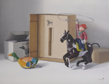 Malerei mit dem Titel "La chasse au canard…" von Reza Sarrafi, Original-Kunstwerk, Öl Auf Keilrahmen aus Holz montiert