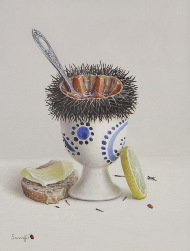 Malerei mit dem Titel "La dégustation d'ou…" von Reza Sarrafi, Original-Kunstwerk, Öl