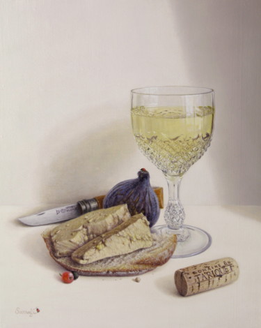 Painting titled "Dégustation de foie…" by Reza Sarrafi, Original Artwork, Oil Mounted on Wood Stretcher frame