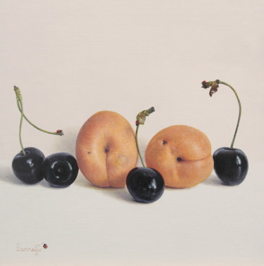 Painting titled "Abricots et cerises" by Reza Sarrafi, Original Artwork, Oil