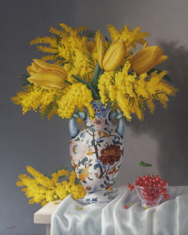 Painting titled "Bouquet de mimosas…" by Reza Sarrafi, Original Artwork, Oil Mounted on Wood Stretcher frame