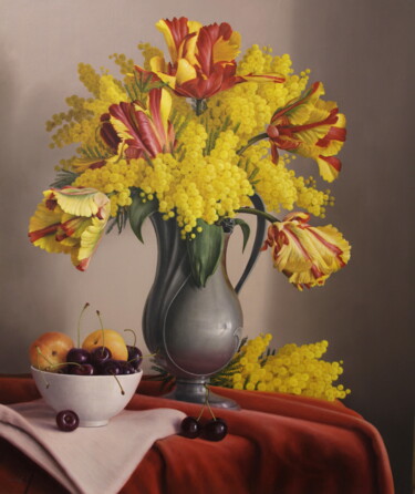 Pintura intitulada "Bouquet de mimosas…" por Reza Sarrafi, Obras de arte originais, Óleo