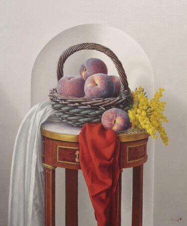 Painting titled "Le panier de pêches" by Abdolreza Sarrafi, Original Artwork, Oil