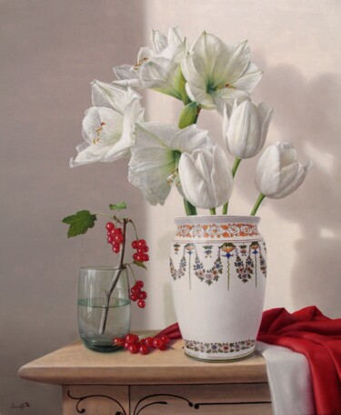 Peinture intitulée "Bouquet de lys blan…" par Abdolreza Sarrafi, Œuvre d'art originale, Huile Monté sur Châssis en bois