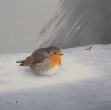 Painting titled "Rouge gorge en hiver" by Reza Sarrafi, Original Artwork, Oil