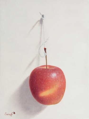 Painting titled "La pomme suspendue !" by Reza Sarrafi, Original Artwork, Oil
