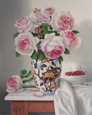 Painting titled "Le bouquet de roses…" by Abdolreza Sarrafi, Original Artwork, Oil Mounted on Wood Stretcher frame