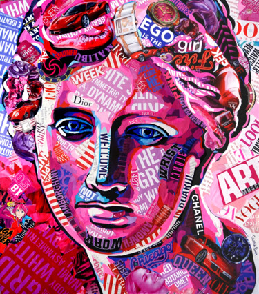 Collages getiteld "Pink Aphrodite" door Sasha Bom, Origineel Kunstwerk, Collages Gemonteerd op Frame voor houten brancard