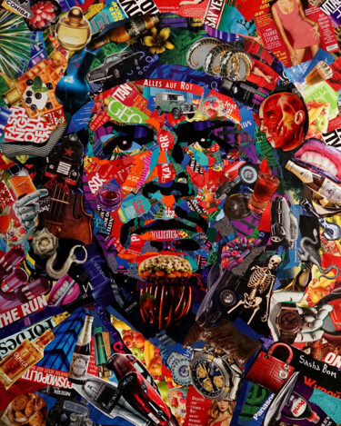 Collagen mit dem Titel "Ghost of Guevara" von Sasha Bom, Original-Kunstwerk, Collagen Auf Holzplatte montiert