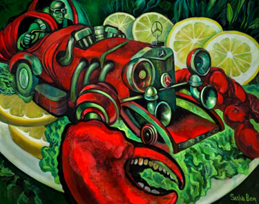 Malerei mit dem Titel "Lobster" von Sasha Bom, Original-Kunstwerk, Öl Auf Keilrahmen aus Holz montiert