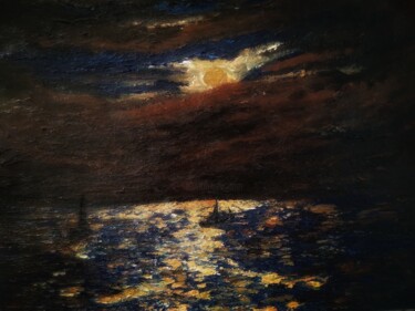 Painting titled "Moonlight on the sea" by Sasha Brisac, Original Artwork, Acrylic